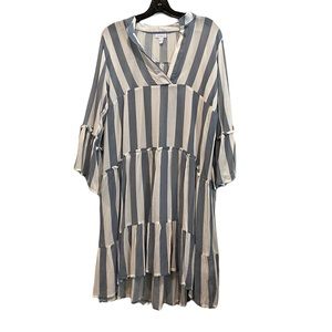 Blue and white striped Boho ruffled oversized dress. Blue vanilla. Small. EUC